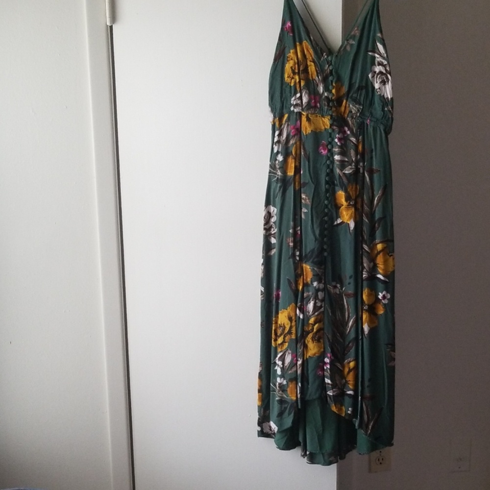 Teal green floral open back maxi dress
